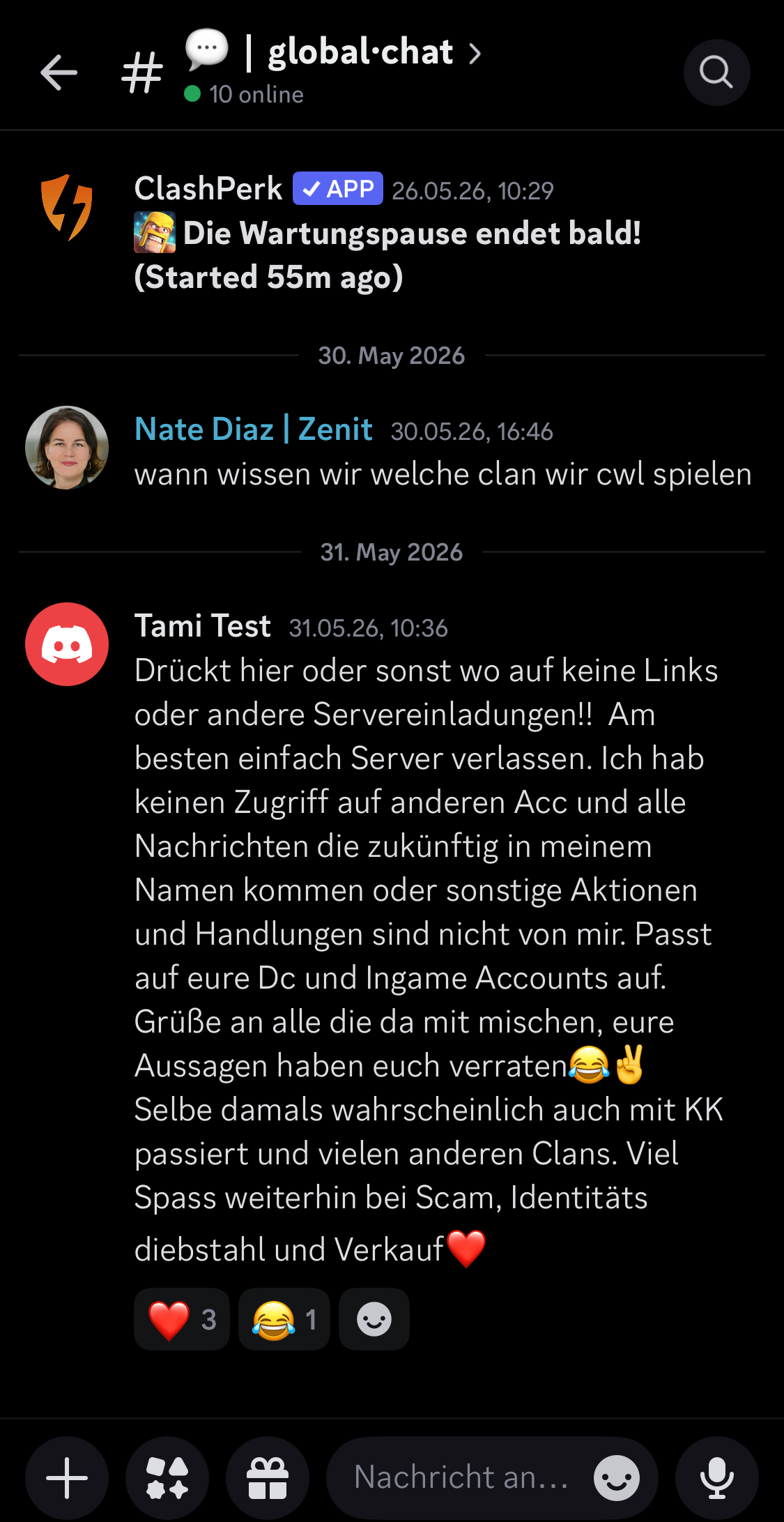 Nachricht von Tamis Testaccount im Global Chat